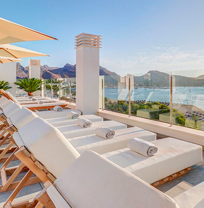 Terrace with hammocks at the Hotel Pollentia in Puerto Pollensa